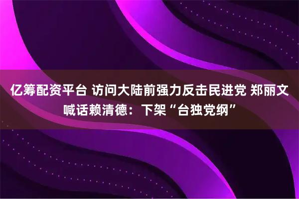 亿筹配资平台 访问大陆前强力反击民进党 郑丽文喊话赖清德：下架“台独党纲”